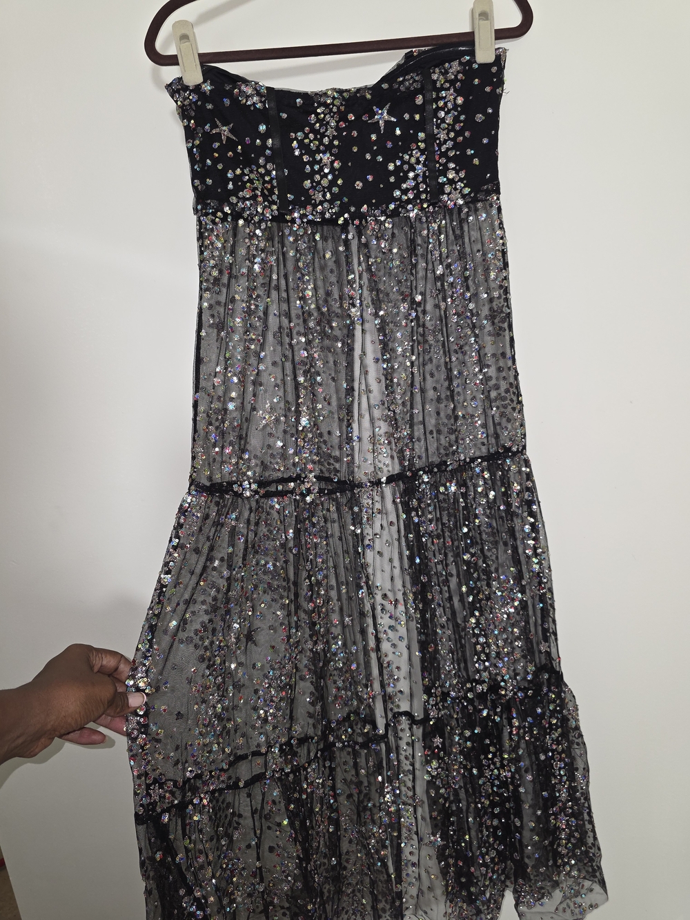 Fashion Nova Corset Black Sequin Sheer Tiered Maxi Skirt